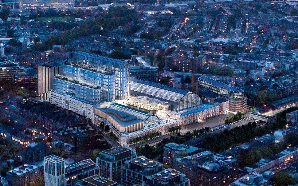 Aerial view of Olympia London at night